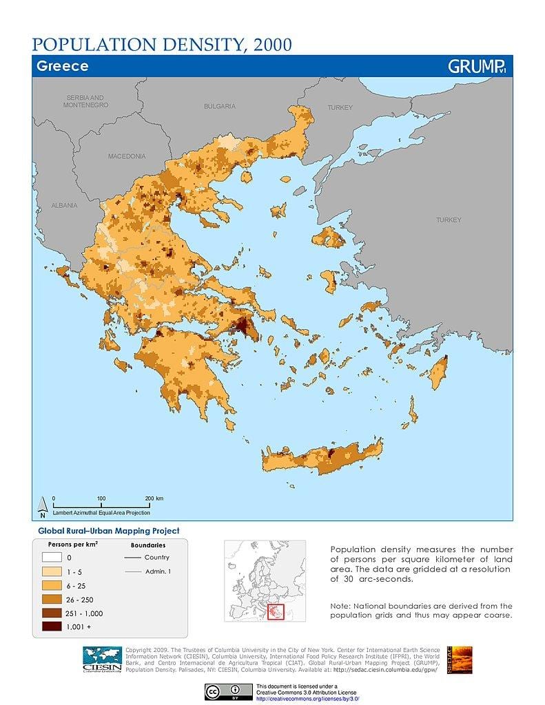 hustota obyvatelstva mapa Řecka