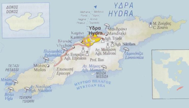 mapa Hydra, Řecko