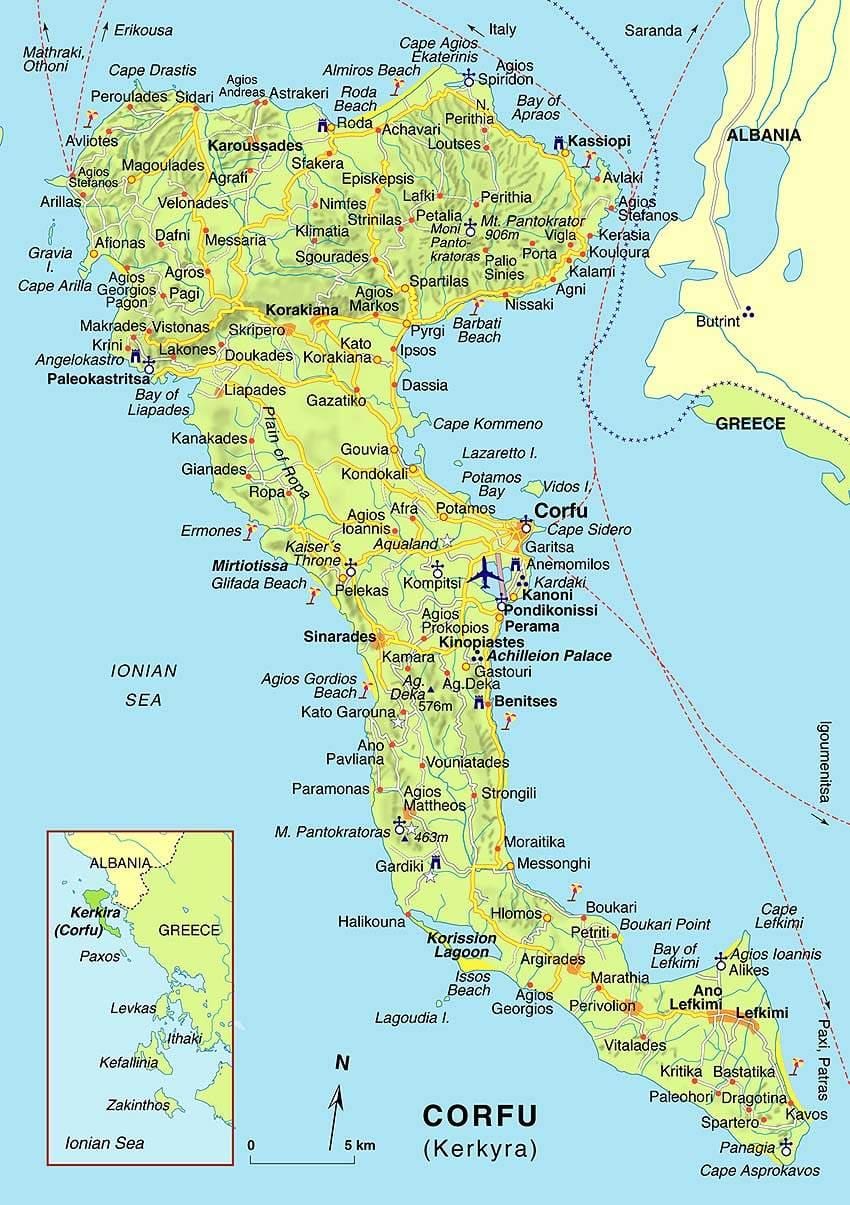 mapa Korfu, Řecko