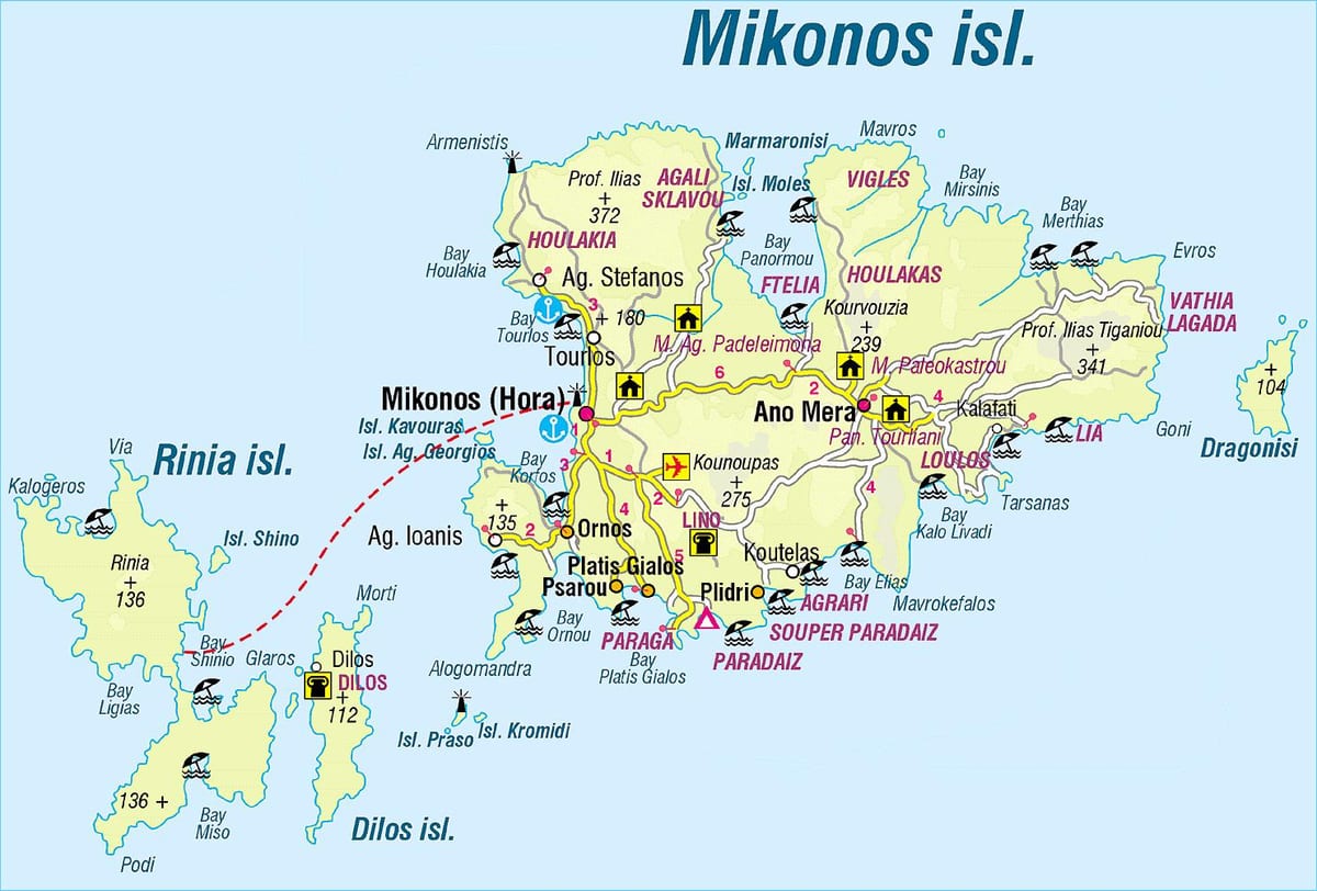 mapa Mykonos Řecko