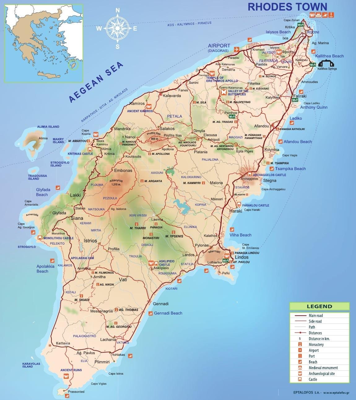 mapa Rhodos Řecko