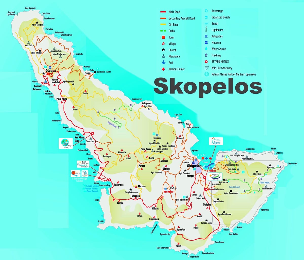 Skopelos mapa řeckých ostrovů