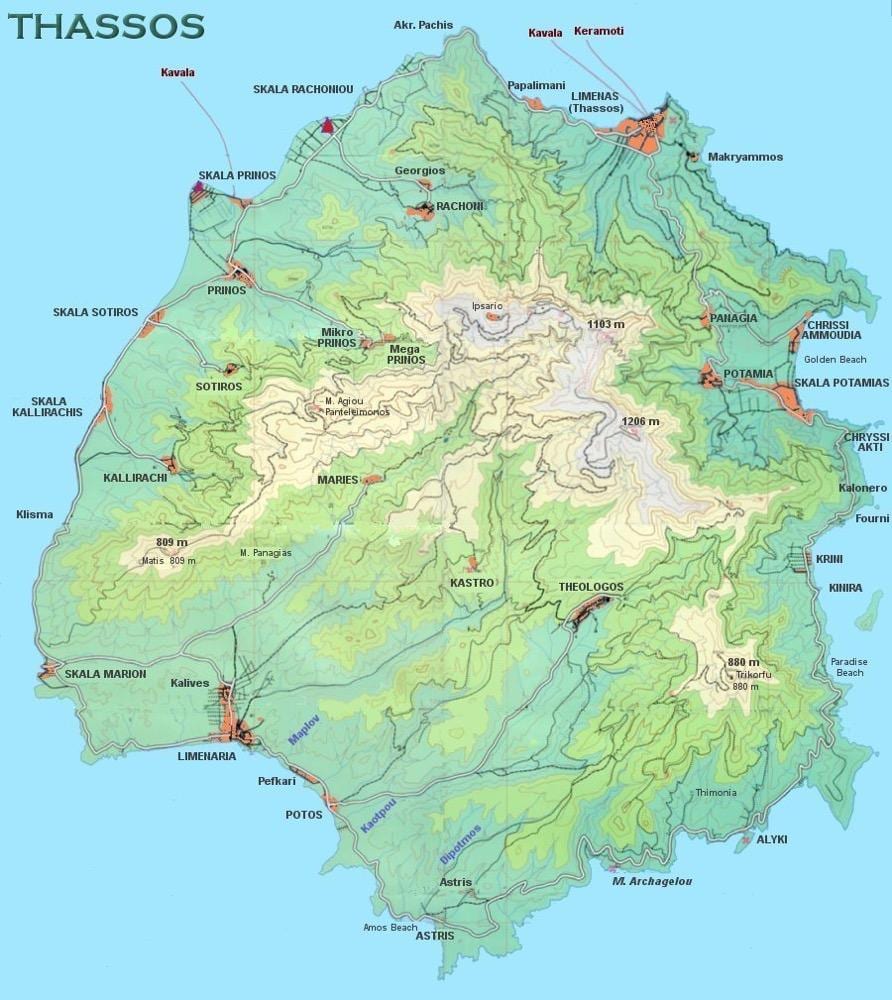 mapa Thassos Řecko